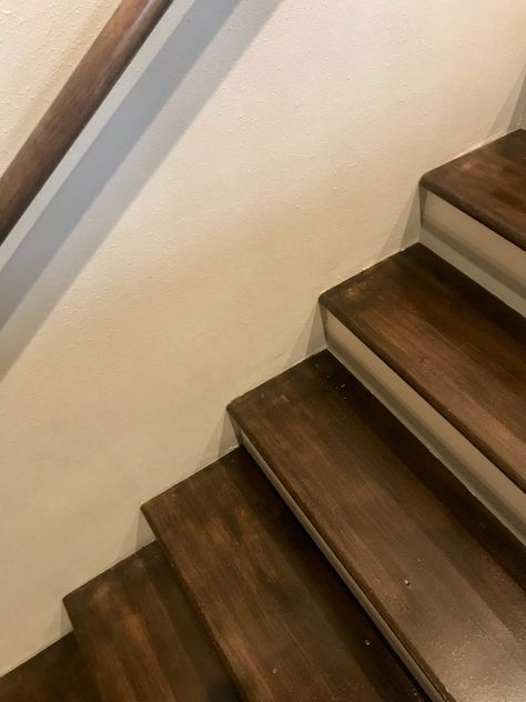 How to Paint Stairs to Look Like Wood - The Blue Door & More Paint Stairs To Look Like Wood, Staining Wood Stairs, Brown Painted Stairs, Painting Over Stained Wood, Paint Stairs, Brown Grey Paint, Mindful Gray Sherwin Williams, Faux Wood Paint, Painted Vinyl Floors