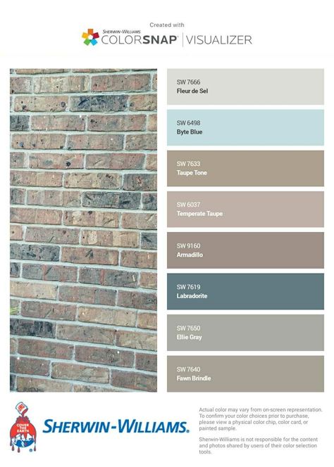 I just created this color palette with the Sherwin-Williams ColorSnap® Visualizer app on my Android phone. What do you think? You can learn more about ColorSnap Visualizer and get it on your phone free by visiting http://www.sherwin-williams.com/colorsnap. Brown Brick Color Palette, Brown Brick House Exterior Color Schemes, Brown Brick House Exterior, Brown Brick Houses, Exterior Paint Color Combinations, House Paint Color Combination, Door Colors, Brown Brick, Exterior House Color