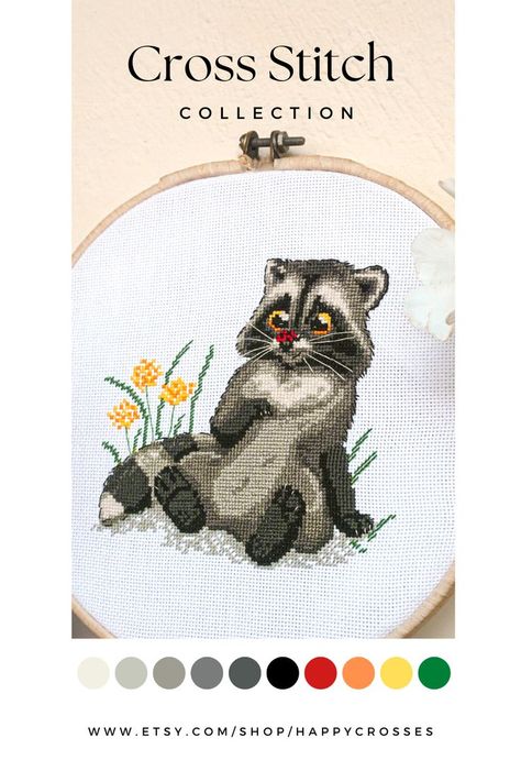 The cutest raccoon cross stitch pattern is available at Happy Crosses! DMC, 10 colors, 93x87 stitches Raccoon Cross Stitch, Raccoon Pattern, Cross Stitch Cute, Detailed Cross, Stitch Cute, White Symbol, Bee Pattern, Cross Stitch Collection, Cute Raccoon