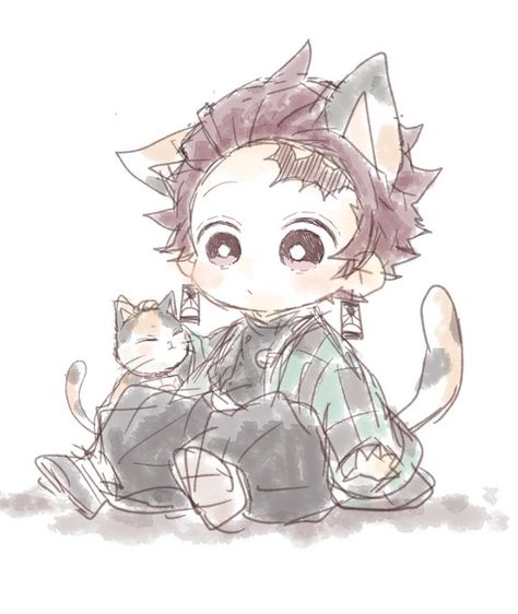 Artist on Twitter @RokuKmt Demon Slayer Chibi Drawing, Tanjiro Cute Chibi, Hot Tanjiro Fanart, Cat Tanjiro, Cute Tanjiro, Chibi Tanjiro, Tanjiro Cute, Chibi Demon Slayer, Baby Tanjiro