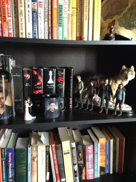 My Twilight shelf! ❤️ Twilight Bookshelf, Twilight Accessories, Twilight Bedroom, Twilight Merchandise, Twilight Makeup, Twilight Dolls, Twilight Merch, Twilight 2008, Twilight Cast