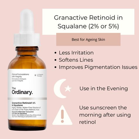 granactive retinol Ordinary Skincare Retinol, How To Use Retinol The Ordinary, Best Retinoid Products, The Ordinary Retinol Guide, The Ordinary Skincare Retinol, Retinol Products, Retinoid Skincare Routine, Ordinary Granactive Retinoid, The Ordinary Retinoid