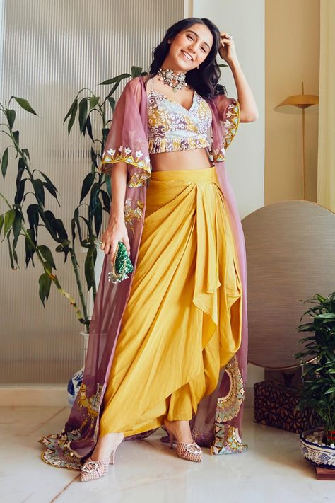 Shop for Leela by A Purple Linen-satin And Organza Embroidered Cape With Draped Dhoti Skirt Set for Women Online at Aza Fashions Haldi Dress, Haldi Outfits, Haldi Outfit, Trendy Outfits Indian, Indo Western Dress, Western Dress, Indian Dresses Traditional, Draped Skirt, Designer Dresses Casual