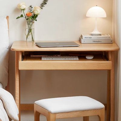 Introducing our sleek and multipurpose small-space desk, designed with simplicity and functionality in mind. Perfect for reading, makeup, or even as a computer desk, it meets all your basic needs with ease. Crafted from solid red oak, it offers a natural and warm touch, along with durability and beauty. Features include a double-tiered design for extra workspace, strong ladder-style legs for stability. With rounded edges and ample legroom, it's both comfortable and practical. Embrace simplicity Lift Up Desk, Night Stand Desk, Desk Nightstand Combo, Bedroom Desks For Small Rooms, Small Writing Desk In Bedroom, Compact Desk Small Spaces, Small Desk In Living Room, Tiny Desk Setup, Desk As Vanity