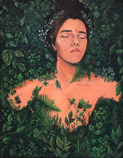 Acrylic painting of a person covered in vines, clovers and grass, consumed by the forest floor Painting Of Person Acrylic, Person In Forest Drawing, Overgrown Garden Drawing, Ivy Painting Acrylic, Overgrown Painting, Vine Artworks, Painting Of Person, Painting Vines, Gaia Aesthetic