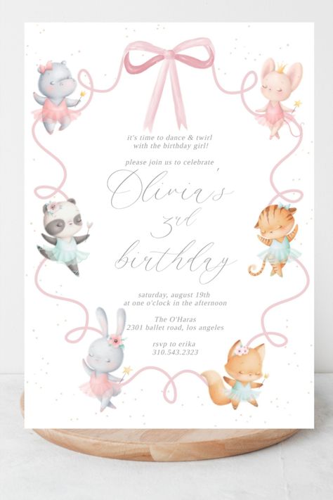 Ballerina Birthday invitation with light pink bow and watercolor animals with tutus. Ballerina Birthday Invitation, Ballet Birthday invitation, Pink tutu ballerina Invitation, Birthday Invitation, Ballerina themed party, tutu Ballet Birthday Invitations, Ballerina Birthday Card, Ballerina Invitation Template, Ballerina Party Theme, Ballerina Invitations, Ballerina Baby Showers, Birthday Invitation Pink, Ballet Birthday, Ballerina Birthday Parties