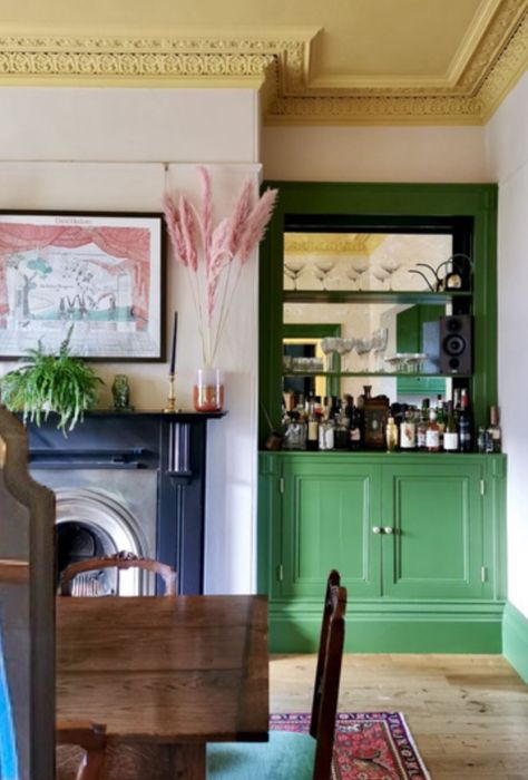 Green Alcove Cupboards, Built In Alcove, Dining Room Cabinets, Alcove Cabinets, Alcove Shelves, Alcove Cupboards, Alcove Shelving, London Flat, Front Room