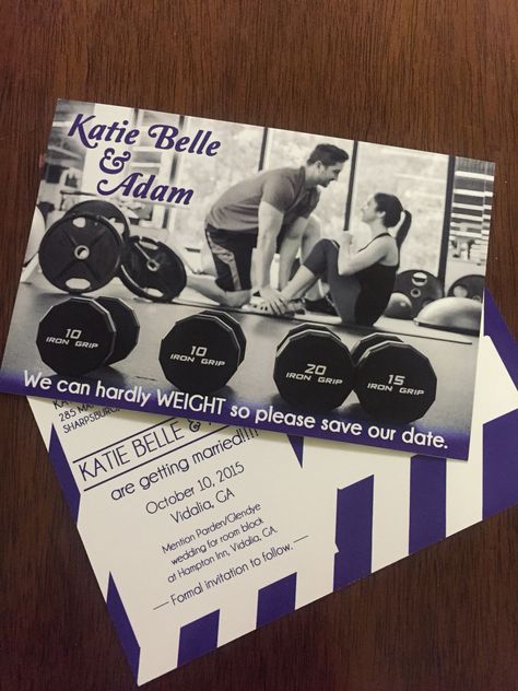 save the date, gym, fitness, wedding, weights Workout Wedding Theme, Gym Theme Wedding, Fitness Wedding Theme, Hamptons Invitation, Crossfit Wedding, Advice Jar, Couple Life, Wedding Checklists, Fitness Shirts