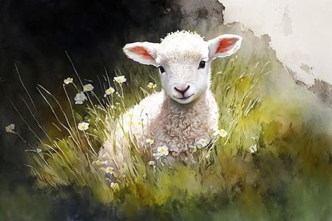 Lonna Lamb Painting Patterns, Christmas Lamb Painting, Lamb In Field, Sheep Landscape Painting, Lamb Laying Down Drawing, Lamb Laying Down, Sheep Oil Painting, Lamb Painting Easy, Sheep Art Painting