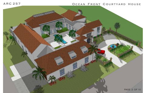 Multi-Story Family Homes project in Cocoa Beach, US designed by Arcadia Design - Oceanfront Courtyard House House Plans With Courtyard, Spanish Style House Plans, Spanish Style Home Interior, Style Hacienda, Spanish Style Bathrooms, House With Garden, Chinese Courtyard, Indoor Courtyard, Mediterranean House Plans