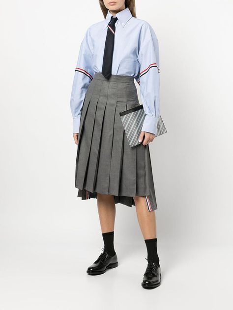 Thom Browne Women Outfit, Thom Browne Outfit, Thom Browne Women, Thom Browne Shirt, Oversized Shirt Outfit, Uni Fits, Womens Skirt Outfits, Pleated Shirt Dress, Fashion Reference