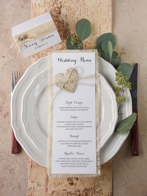 Rustic Wedding Menu See more here: http://4lovepolkadots.com/p/409/430/8254/MENU%20&%20PROGRAMS_38/rus/M.html Rustic Wedding Table Place Cards, Napkin With Menu Card Table Settings, Seating Cards Wedding Rustic, Seating Cards Rustic, Rustic Wedding Menu Cards, Rustic Wedding Menu, Vintage Wedding Stationery, Wedding Dinner Menu, Rustic Cake Toppers