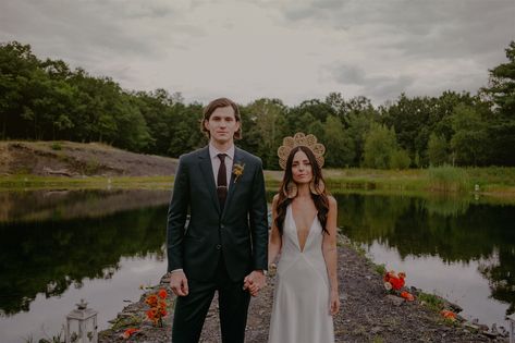 Gather Greene Wedding Black Suit Maroon Tie, Gather Greene, Moonrise Kingdom Wedding, Wedding Dress Deep V, Wes Anderson Wedding, Maroon Tie, Raffia Earrings, Loose Wedding Hair, 35mm Film Wedding