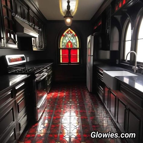 Gothic Trailer Home, Gothic Home Inspiration, Gothic Mobile Home, Slenderman Mansion, Goth Rv, Goth House Aesthetic, Goth House Interior, Kitchen Tile Flooring, Modern Goth Home