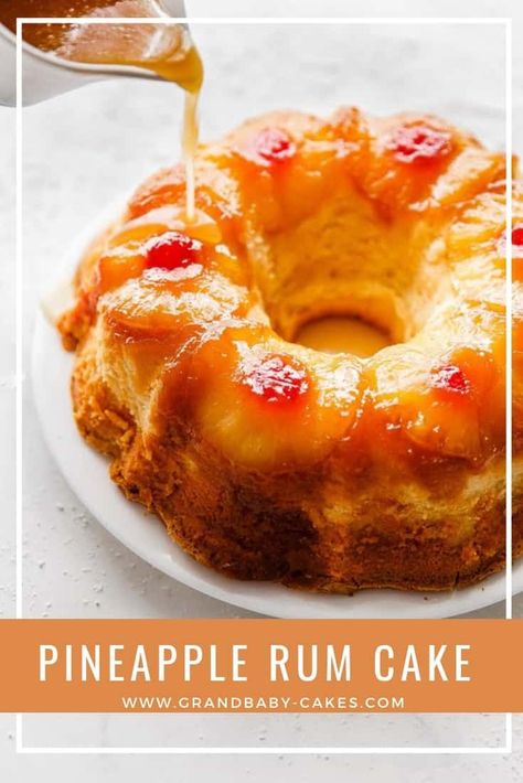 Pineapple Rum Cake Recipe – A homemade buttery sour cream pound cake is enhanced with sweet tropical pineapple flavor and a rum syrup.  The gorgeous pineapple upside down topping makes it a showstopper! #pineapple #rumcake #cake #bundt #poundcake via @grandbabycakes Pineapple Rum Cake, Rum Syrup, Cake Bundt, Rum Cake Recipe, Sour Cream Pound Cake, Pineapple Rum, Dessert Aux Fruits, Rum Cake, Pineapple Upside