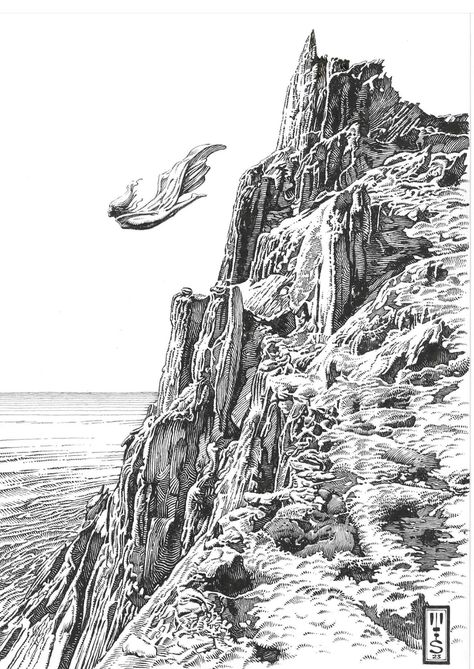 Pen Mountain Drawing, Bird Pen Sketch, Cliff Drawing, Pen Rendering, Cliffs Tattoo, Nature Moodboard, Ink Drawing Techniques, Black And White Nature, Sketch Digital