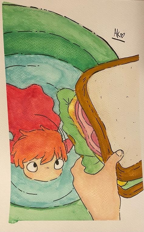 Studio Ghibli Art Ponyo, How To Draw Ponyo Studio Ghibli, Drawing Ideas Studio Ghibli, Studio Gibhili Drawings, Studio Gibhili Paintings, Gibli Studio Painting Ideas, Ponyo Anime Drawing, Studio Ghibli Painting Watercolor, Ghibli Drawing Ideas