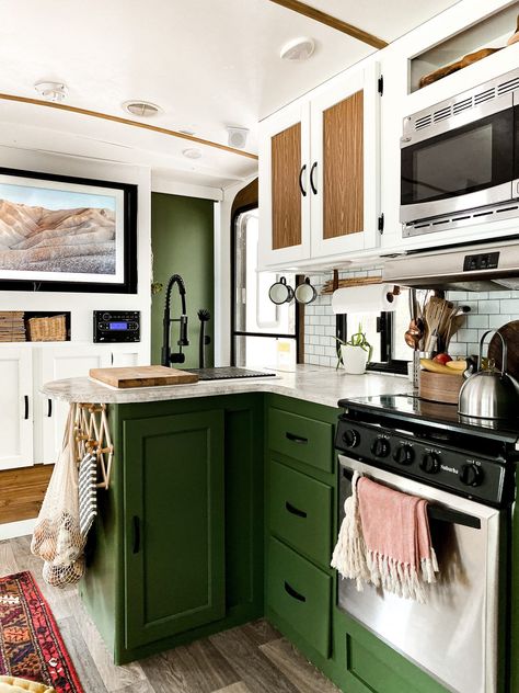 Green Cabinets In Camper, Camper Makeover Green Cabinets, Sage Green Rv Cabinets, Painted Rv Interior, Rv Kitchen Cabinet Color Ideas, Painted Rv Cabinets, Camper Cabinet Color Ideas, Eclectic Rv Interior, Rv Kitchen Cabinets Painted