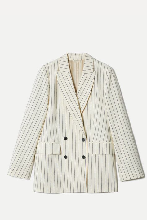 Street Style: Get The Look | SheerLuxe Pinstripe Jacket, Off White Bag, White Linen Trousers, Black Aviator Sunglasses, Black Aviators, Pinstripe Suit, Jean Belts, Tailored Blazer, White Jacket