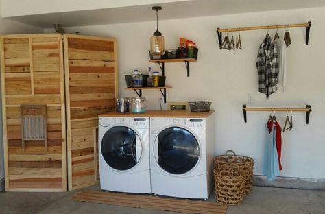 Simple garage laundry, screen covering water heater Garage Laundry Area With Water Heater, Garage Water Heater Hide, Water Heater Cover Ideas Laundry Rooms, Hide Water Heater Laundry Rooms, Water Heater Cover Ideas, Hide Water Heater, Water Heater Cover, Laundry Remodel, Simple Laundry