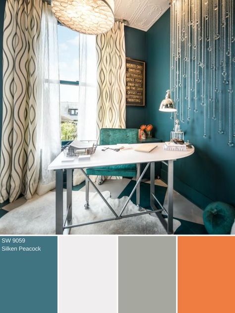 15 Ways to Decorate With Rich Peacock Blue | HGTV Orange Mid Century Chair, Peacock Blue Living Room, Peacock Dining Room, Burgundy Living Room, Teal Rooms, Interior Design Color Schemes, Peacock Colors, Grey Dining Room, Interior Design Color