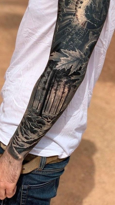 Snowmobile Tattoo Sleeve, Full Animal Sleeve Tattoos, Mens Fox Tattoo, Mens Outdoor Tattoo Sleeve, Mountain Theme Tattoo Sleeve, Full Nature Sleeve Tattoo, Woods Sleeve Tattoo, Mens Sleeve Tattoo Ideas Nature, Woodsy Tattoos Men