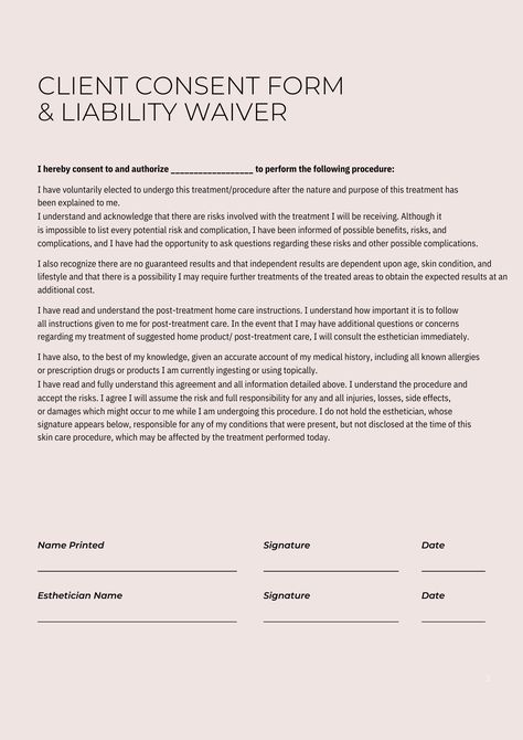 Spa Consent Forms, Client Consent Forms Esthetician, Esthetician Facial Consent Form, Waxing Intake Form, Aesthetician Business Names, Esthetician Intake Form, Esthetician Consent Forms, Client Consultation Forms Esthetician, Beginner Esthetician Supply List