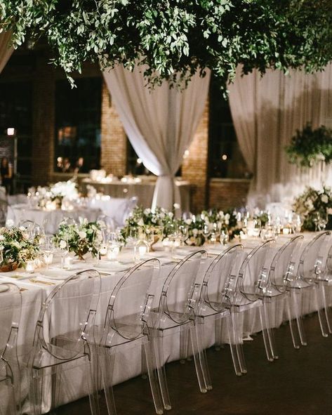 Ghost Chairs Wedding Reception, Ghost Chair Wedding, Wedding Reception Chairs, Clear Chairs, Wedding Table Setting, Martha Weddings, Wedding Reception Design, Wedding Reception Inspiration, Reception Design