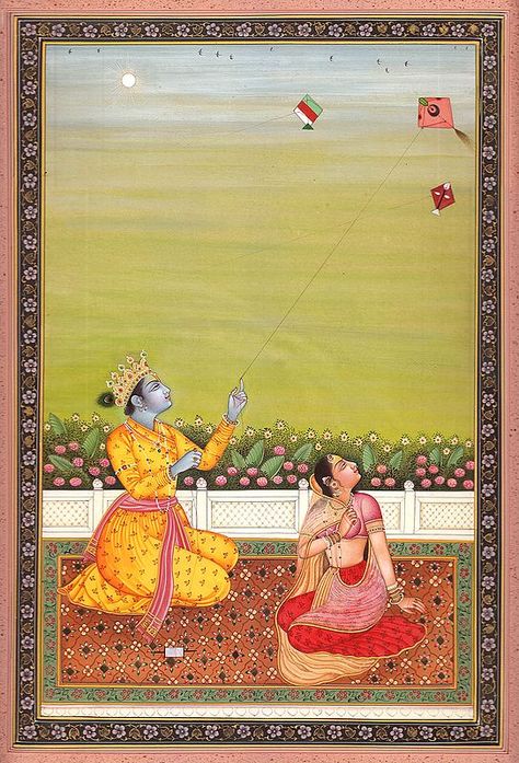 Radha Krishna Flying Kite Grassy Landscape, Kota Rajasthan, Indian Miniatures, Art Krishna, Flying Kite, Indian Traditional Paintings, Ancient Asia, Arte Yoga, Cross Legged