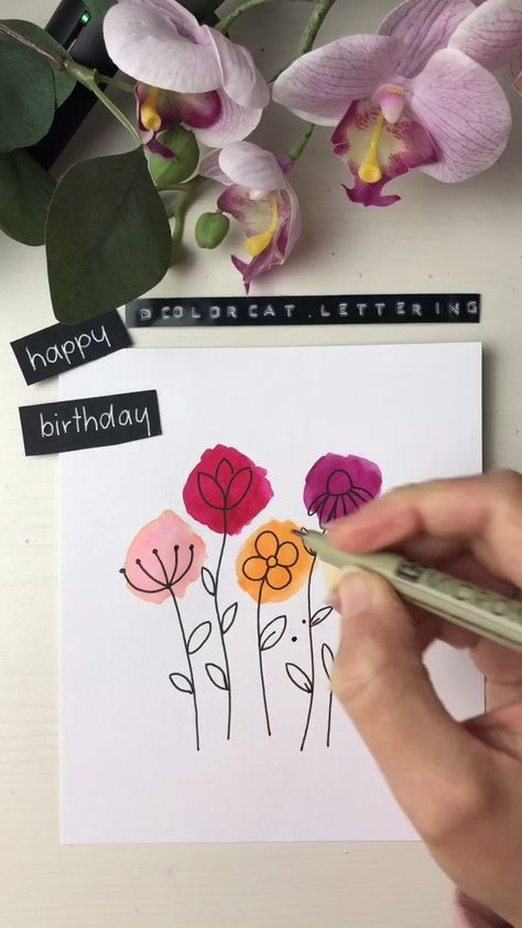 Brush Pen Birthday Card, Simple Watercolour Birthday Card, Birthday Card Ideas For Friends Watercolor, Drawing With Tombow Brush Pens, Happy Birthday Watercolor Card For Him, Easy Watercolor Birthday Cards, Tombow Watercolor, Happy Birthday Doodles, Tiktok Birthday