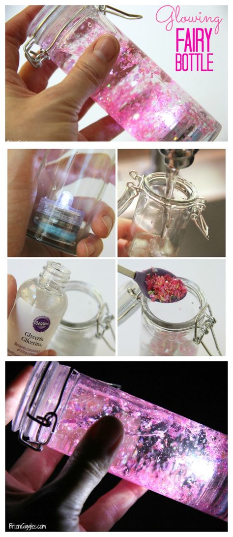 Glowing Fairy Bottle - A beautiful glittery, water-filled jar that illuminates and glows in the dark. A simple craft that mesmerizes both adults and children! Glowing Fairy, Crafts Projects, Jar Crafts, Cute Crafts, Cool Diy, Creative Crafts, Kids Crafts, Diy Art, In The Dark