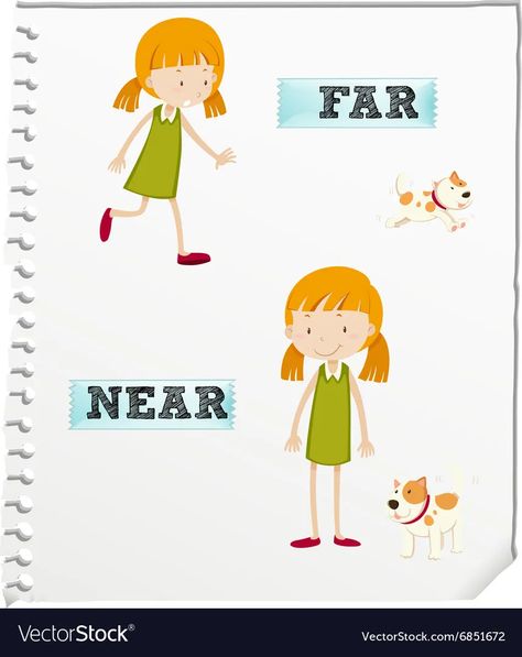 Opposite adjectives far and near vector image Opposites For Kids, English Grammar For Kids, Grammar For Kids, Opposite Words, Cue Cards, Ganesh Art, Activities Preschool, Math Activities Preschool, Kids Board