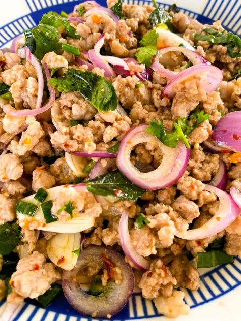 Authentic Thai Pork Larb Recipe Turkey Larb Recipe, Healthy Thai Salad, Thai Dinner Recipes, Larb Salad, Thai Larb, Pork Larb, Larb Recipe, Thai Salad Recipes, Easy Thai Recipes