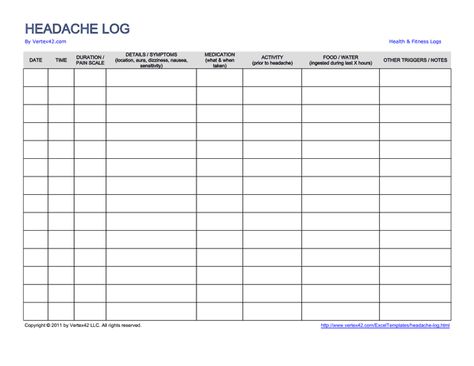 Download the Headache and Migraine Log from Vertex42.com Headache Journal Printable, Headache Tracker Printable, Headache Journal, Migraine Diary, Headache Tracker, Migraine Tracker, Headache Diary, Medical Tracker, Bujo Tracker