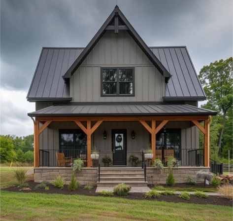 Green House Black Trim Wood Accents, Grey Green Siding, Narrow Barndominium Floor Plans, Metal Siding House, Building Colour, Lakehouse Exterior, Lake Aesthetics, Exterior Farmhouse, House Colours