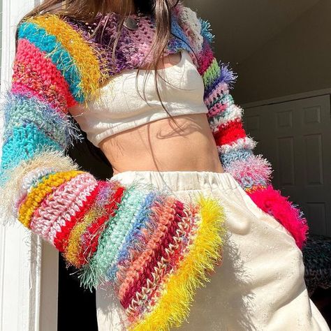 YOYO shared a post on Instagram: "Fuzzy crochet shrug restocking Friday, 6/24 ✨ Only 3 available- all one of a kind 👀DM to pre-order . . . . . . . . . . #sustainability #sustainablefashion #handcrochet #upcycledfashion #chunkysweater #crochetshrug #shrugoutfit #crochetoutfit #springfashion #atlantadesigner #memade #slowfashion #raindowshrug #handmadefashion #fuzzysweater". Follow their account to see 119 posts. Fuzzy Crochet Top, Fuzzy Crochet, Crochet Shrug, Upcycled Fashion, Fuzzy Sweater, Chunky Sweater, Handmade Fashion, Art Fashion, Crochet Yarn