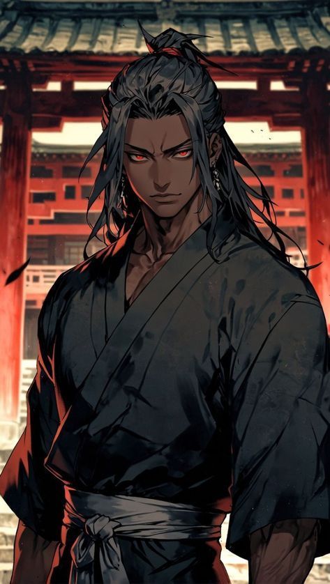 Henchmen Character Design, Badass Anime Guy, Samurai Ponytail, Black Male Anime Characters, Black Male Character Art, Asian Character Design Male, Traditional Tattoos Japanese, Black Anime Characters Male, Anime Character Design Black