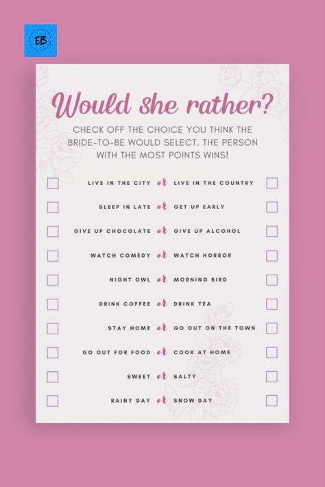 Would She Rather... Select which you think the bride would prefer. Whoever has the most points, wins! ❤️ Would She Rather, Giving Up Alcohol, Horror Nights, Getting Up Early, Cook At Home, Party Party, Snow Day, Party Game, Bridal Shower Games