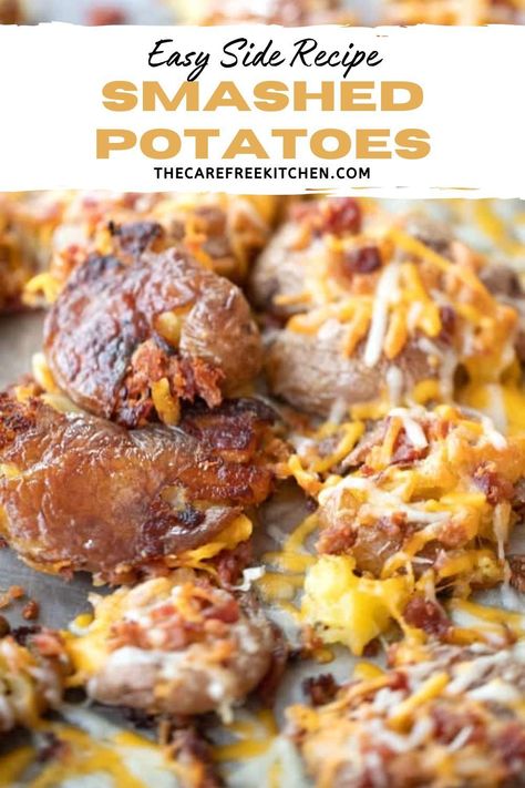 This smashed potato recipe is an easy and fun smashed red potatoes recipe. This delicious side dish flavored with garlic salt, cheddar cheese, and bacon bits.  It's a fun alternative to roasted fingerling potatoes or potato skins. Red Skin Potatoes Recipe, Crockpot Casseroles, Red Potatoes Recipe, Smashed Red Potatoes, Potato Casseroles, Broccoli Gratin, Food Potatoes, Garlic Smashed Potatoes, Plated Food