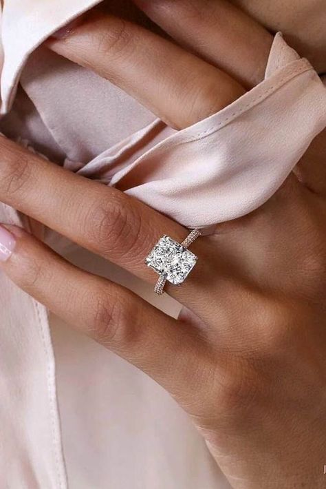 a white gold band engagement ring with a rectangular diamond is a stylish modern idea Gold Band Engagement Rings, Top Engagement Rings, Radiant Cut Engagement Rings, Wedding Rings Solitaire, Wedding Fun, Gorgeous Engagement Ring, Dream Engagement Rings, Beautiful Engagement Rings, Rings Engagement