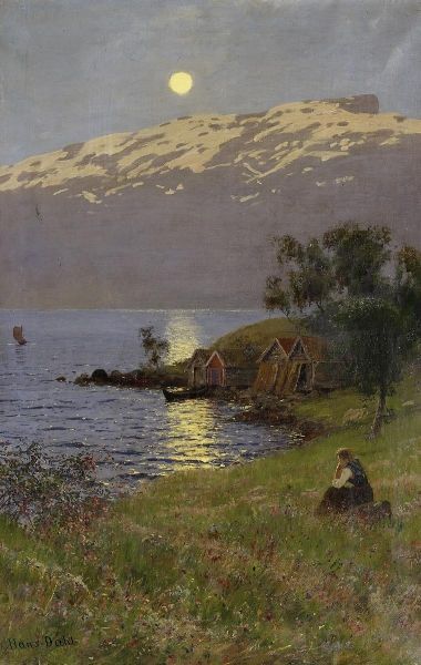 Norwegian painting, "Midnight Sun over the Fjord " , by Hans Dahl: Hans Dahl, Midnight Sun, Scandinavian Art, A4 Poster, Vintage Artwork, Sirens, Classic Art, Landscape Art, Dahlia