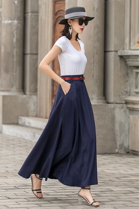 Elegantly designed with a touch of chic, this sophisticated blue A-line linen skirt is a staple piece for every fashionable woman. 🥰   SKU 2716  Link in bio   #ElegantFashion #ChicStyle #WomensApparel #VersatileSkirt #LinenSkirt #A-lineSkirt #Xiaolizihandmade Clean Girl Fashion, Mini Skirt Sweater, Outfits Mini Skirt, Blue Skirt Outfits, A Line Skirt Outfits, Fashion Fall Outfits, Long Linen Skirt, Fashion Design Classes, Skirt Sweater