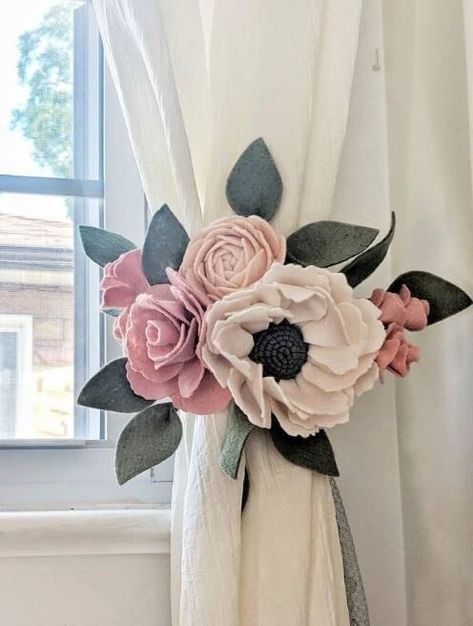 8 Different Ways to Tie Back Curtains - Curtains Up Blog | Kwik-Hang Curtain Tie Back Flowers, Curtain Sheers Ideas, Flower Tie Backs For Curtains, Unique Curtain Tie Backs Ideas, Ways To Tie Back Curtains, Floral Curtain Tie Backs Wedding, Nursery Curtain Tie Backs, Floral Curtain Tie Backs, Curtain Tiebacks Ideas Diy