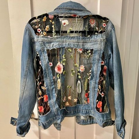 Boho Jean Jacket - Unique Embroidered Flowers Altered Jean Jacket, Lace Jean Jacket, Blue Jean Jackets Decorated, Applique Jean Jacket, Taylor Swift Jean Jacket, Jean Jacket Diy Upcycling, Hozier Outfit, Denim Repurpose, Jean Jacket Embroidery