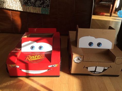 Homemade Lightning Mcqueen Costume, Lightning Mcqueen Diy Costume, Lightning Mcqueen Cardboard Car, Lightning Mcqueen Box Car, Lightning Mcqueen Trunk Or Treat, Lightning Mcqueen And Mater Costume, Diy Lightning Mcqueen, Mate Cars, Disney Party Diy