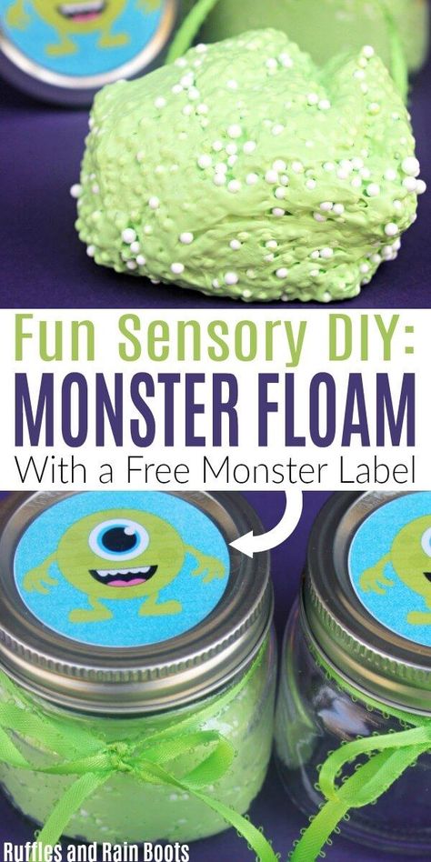 This monster floam recipe is perfect for a Halloween craft for kids. You can even print a free label for the jar! #slime #floam #monstercrafts #craftsforkids #sensory #sensoryplay #monstercraftsforkids #halloweencraftsforkids #diyhalloween #rufflesandrainboots via @momtoelise Monster Feet Craft, Monster Inc Activities, Inside Out Crafts For Kids, Movie Crafts For Kids, Monster Activities For Kids, Disney Activities For Kids, Monsters Inc Crafts, Tk Crafts, Sensory Halloween