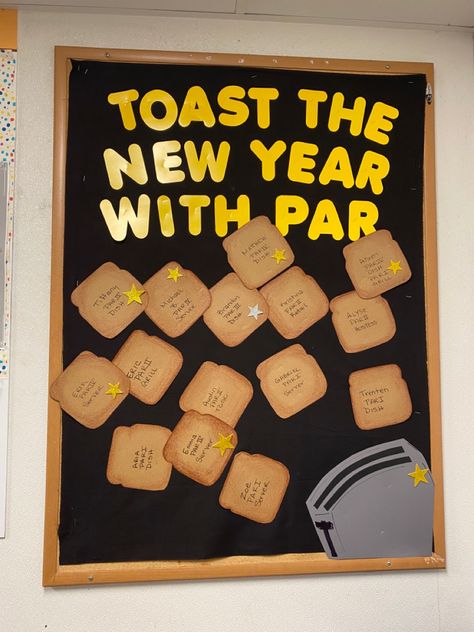 New years par board New Year School Board Decoration, New Years Bulletin Board, Resolution Board, Class Board Decoration, Pin Board Ideas, School Board Decoration, Wall Writing, Diy Birthday Gifts For Friends, Panel Board