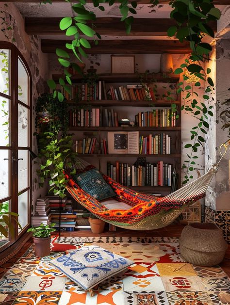 25 Stunning Boho Reading Nook Ideas for Book Lovers - Home Made Graceful Bohemian Reading Corner, Hammock Book Nook, Cozy Book Nook Aesthetic, Earthy Reading Nook, Small Reading Area In Living Room, Hammock Reading Nook, Reading Nook Boho, Bedrooms With Books, Room Ideas For Book Lovers