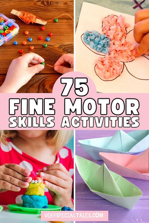 examples of fine motor skills activities like playing with play dough, threading beads, origami or paper crafts Fun Fine Motor Activities For Kindergarten, Eyfs Motor Skills, Large Group Fine Motor Activities, Small Motor Skills Kindergarten, Games For Motor Skills, Small Muscle Activities For Preschoolers, Fine Motor Outdoor Activities, Fine Motor Activities For Three Year Old, Fine Activities For Preschoolers