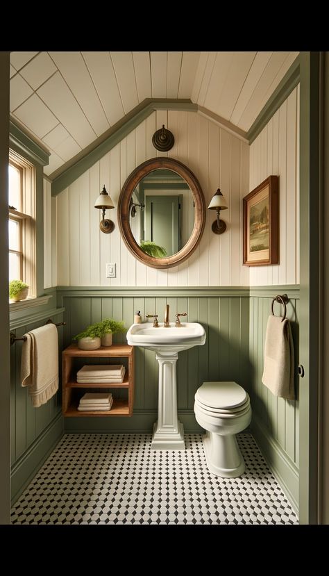 20 Inspiring Farmhouse Rustic Bathroom Ideas to Transform Your Space 🛁✨ - Laugh Lore Sage And White Bathroom, Accent Bathroom Wall Ideas, Green Beadboard Bathroom, Vintage Small House, Farmhouse Rustic Bathroom, Sage Green Bathroom, Checkered Tile, Rustic Bathroom Ideas, Modern Vintage Bathroom